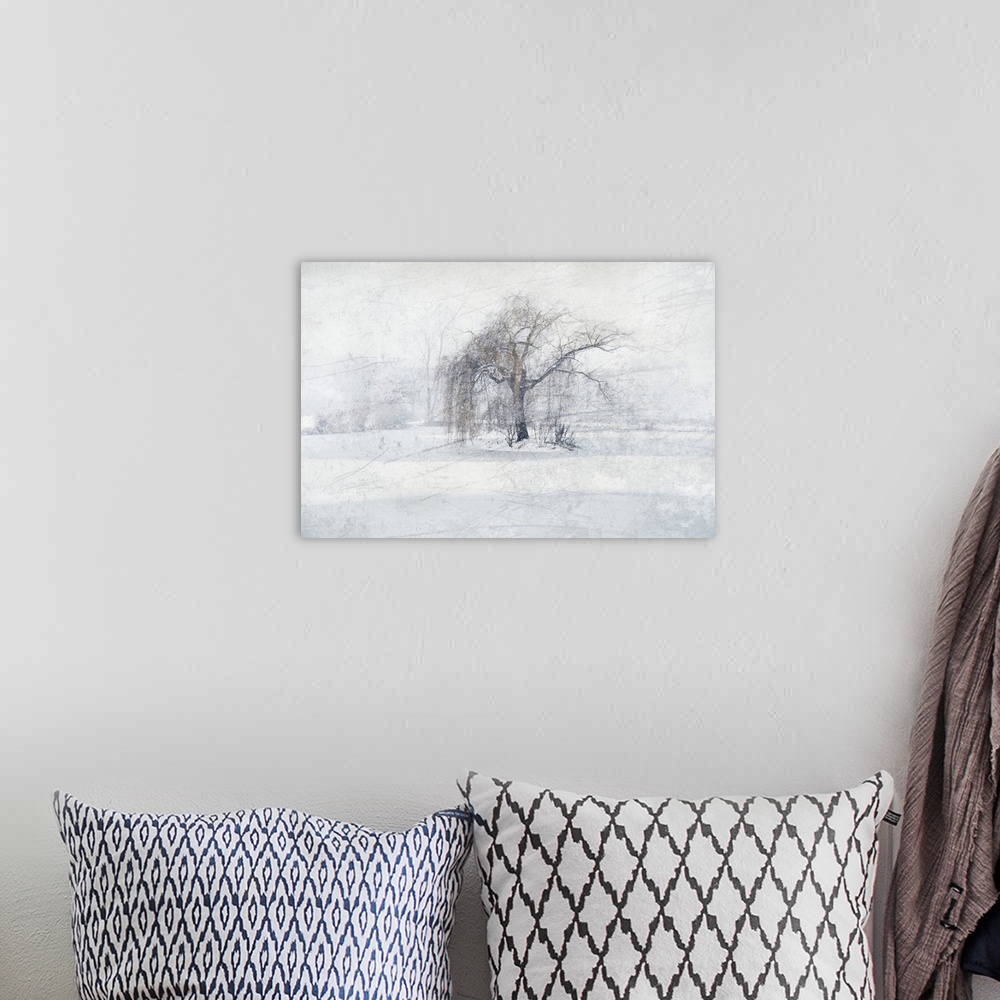 A bohemian room featuring Photograph of a weeping willow tree in the center of a snowy scene with an icy texture overlay.