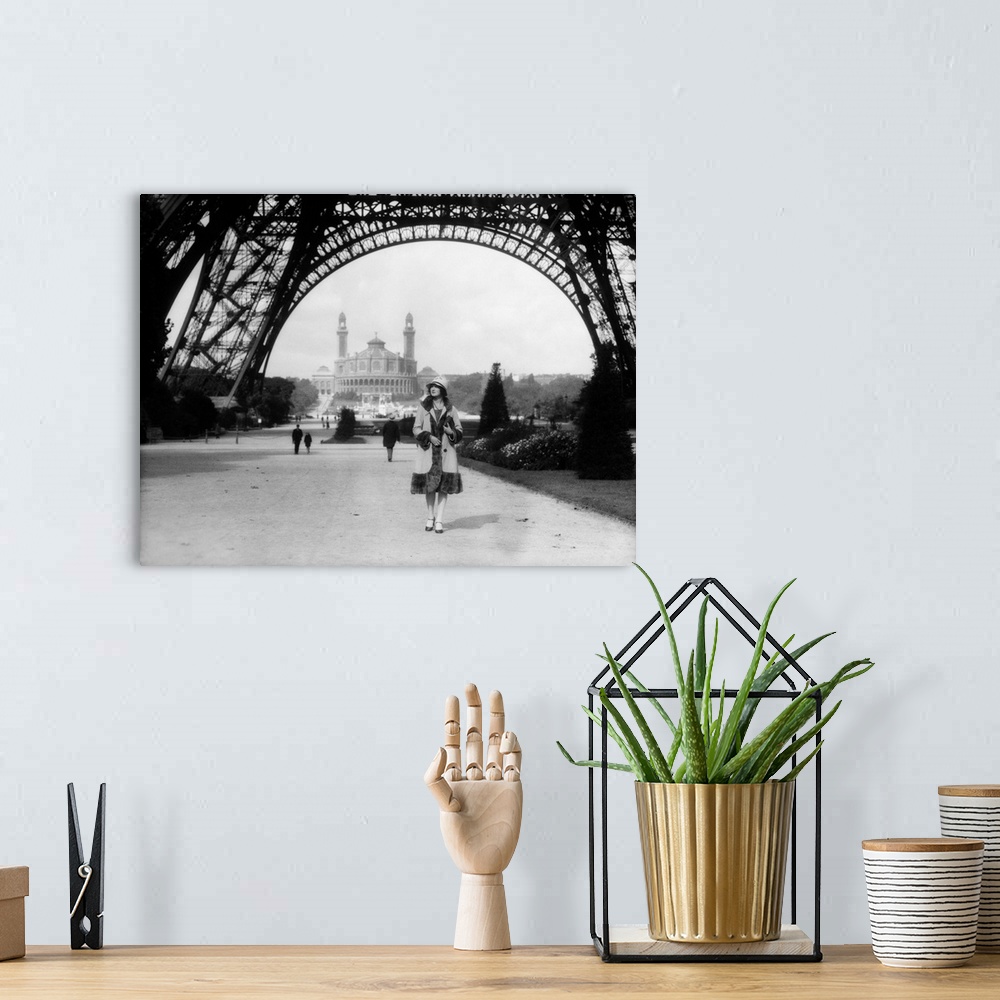 A bohemian room featuring 1920's Woman Walking Under The Eiffel Tower With The Trocadero In Background Paris France.