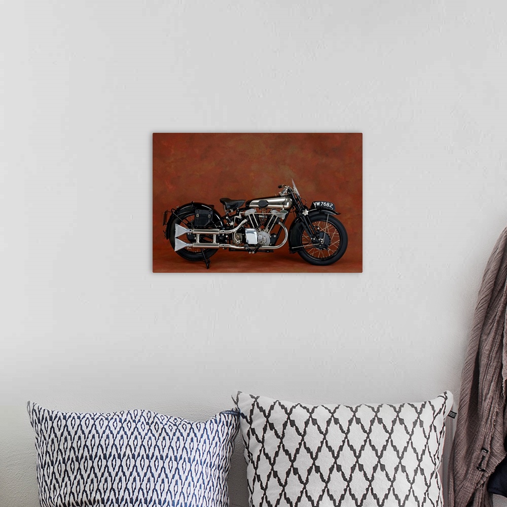 A bohemian room featuring 1930 Brough Superior 680cc V-Twin motorcycle. Country of origin United Kingdom..