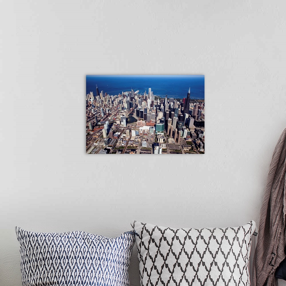 A bohemian room featuring Aerial view of a city, Lake Michigan, Chicago, Cook County, Illinois, USA