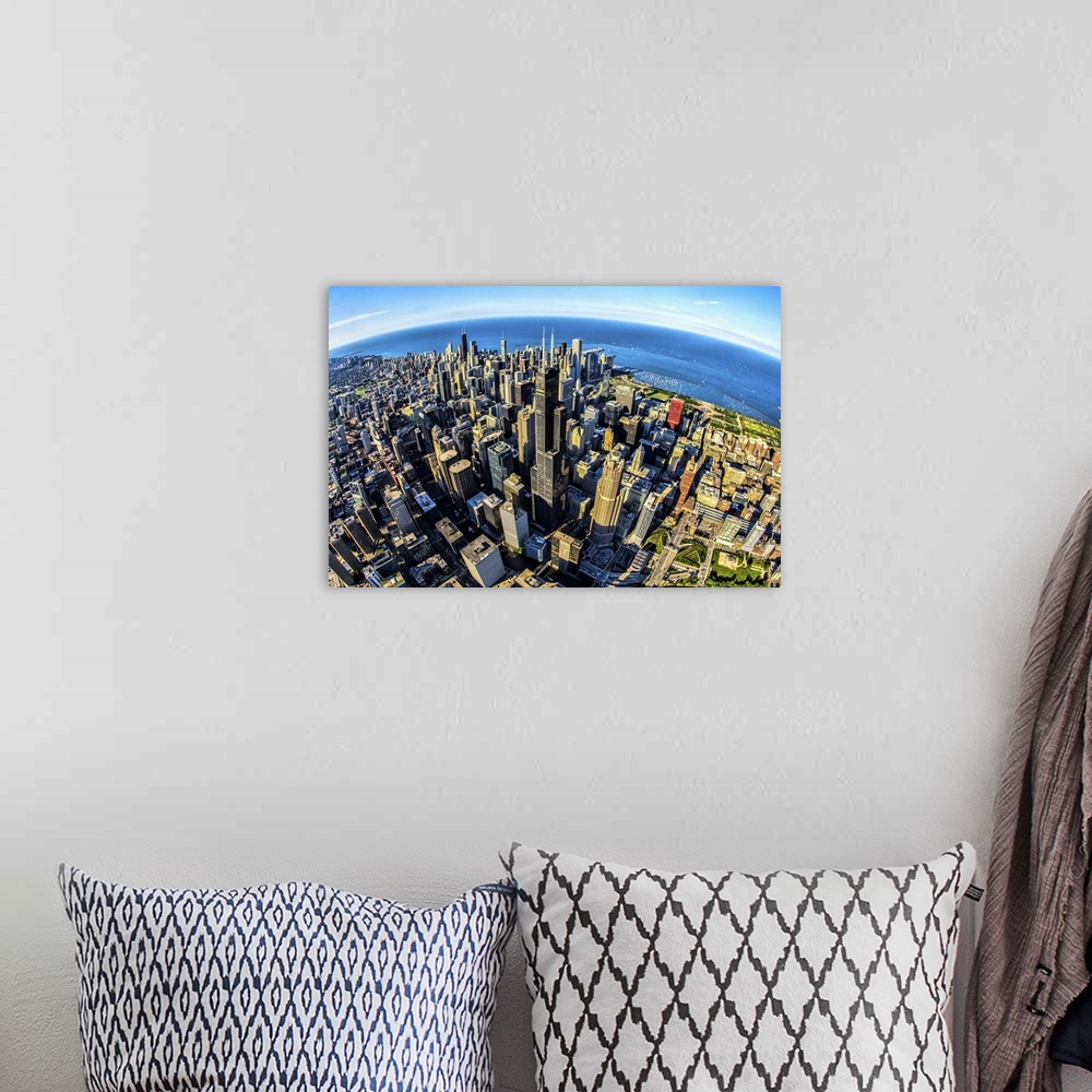 A bohemian room featuring Aerial view of Chicago skyline at waterfront, Chicago, Cook County, Illinois, USA