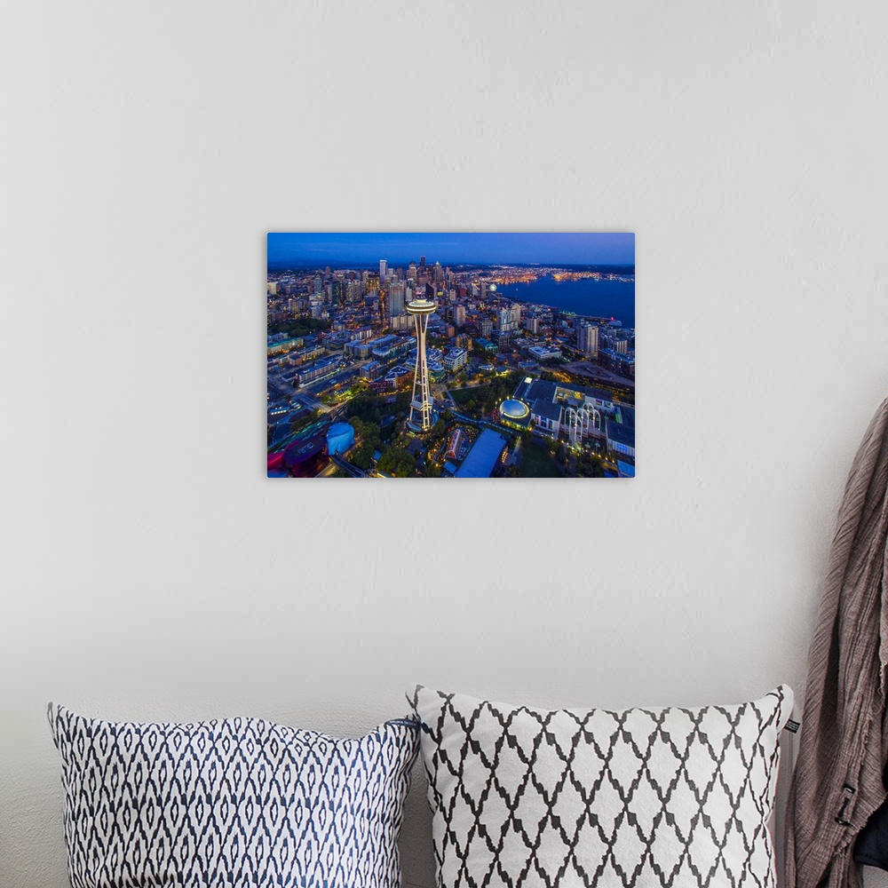 A bohemian room featuring Aerial view of Skyline with Space Needle in Seattle, King County, Washington State, USA