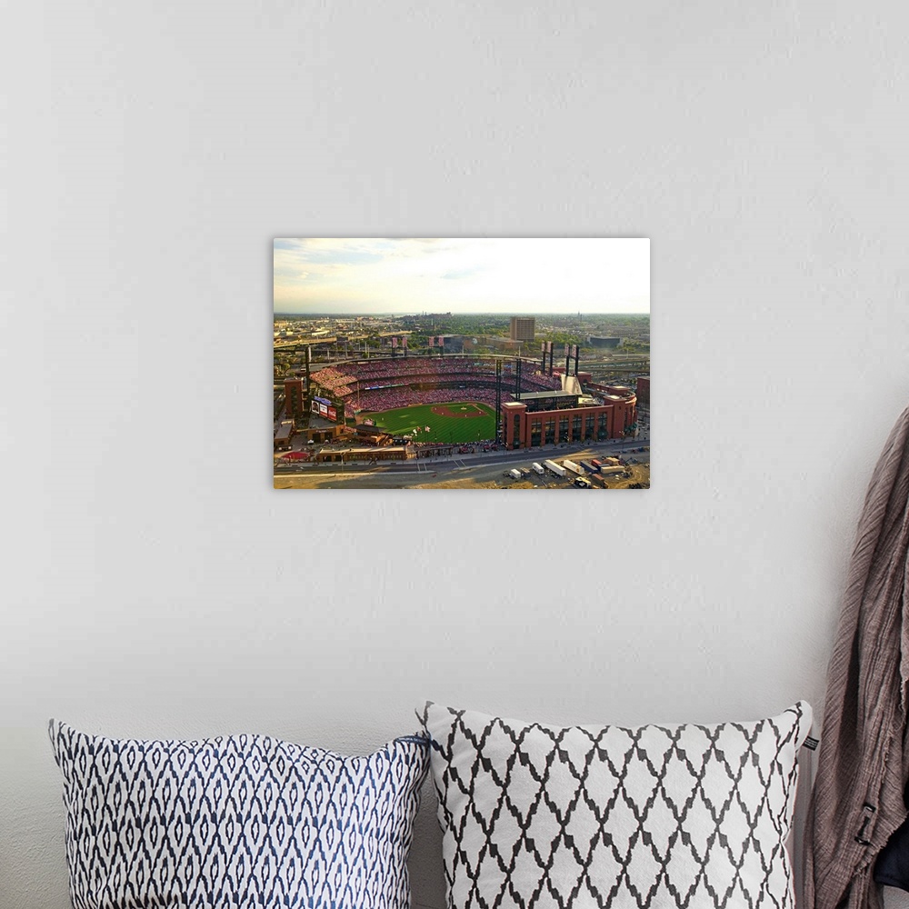 A bohemian room featuring An elevated view of the third Busch Stadium, St. Louis, Missouri, where the Pittsburgh Pirates be...
