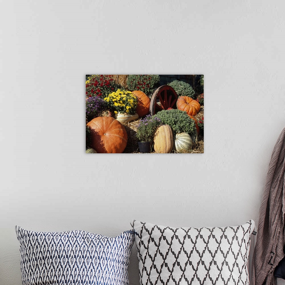 A bohemian room featuring Autumn harvest display with squash, mum flowers, and wagon wheel.