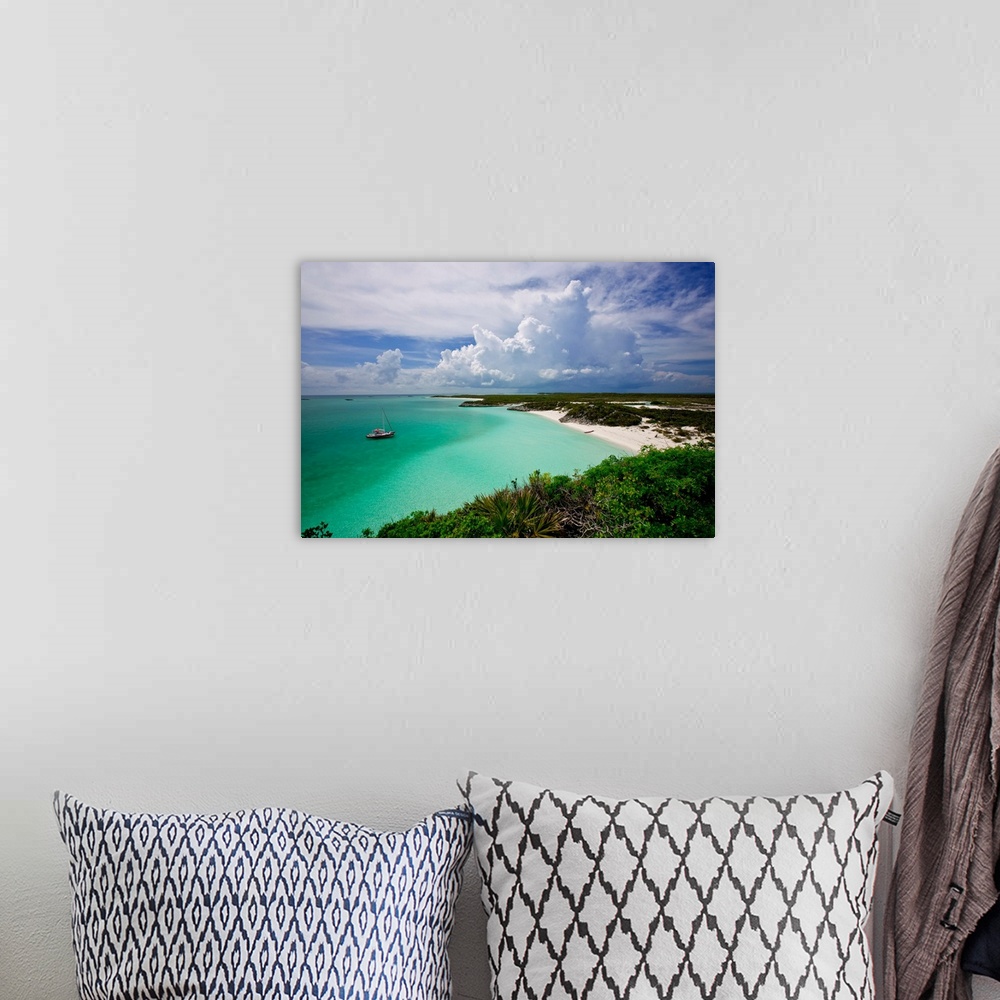 A bohemian room featuring Elevated view of boat in Caribbean Sea, Great Exuma Island, Bahamas