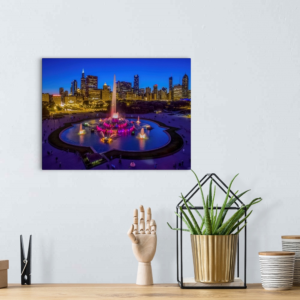 A bohemian room featuring Elevated view of Buckingham Fountain at Grant Park, Chicago, Cook County, Illinois, USA