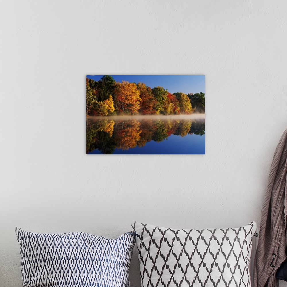 A bohemian room featuring Large photograph displays a Fall colored tree line reflecting perfectly over a calm body of water...