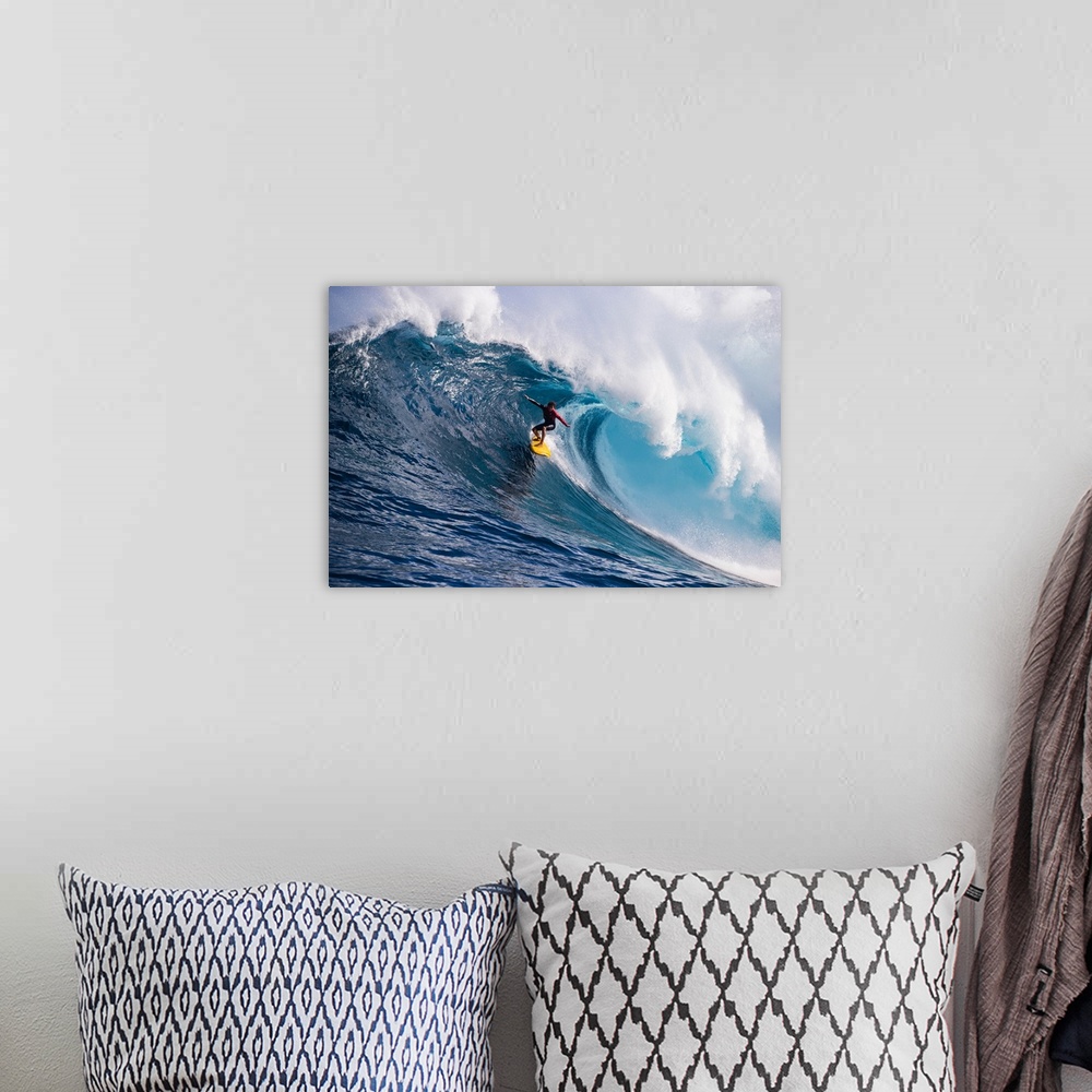 A bohemian room featuring Male surfer surfing wave in Pacific Ocean, Peahi, Hawaii, USA
