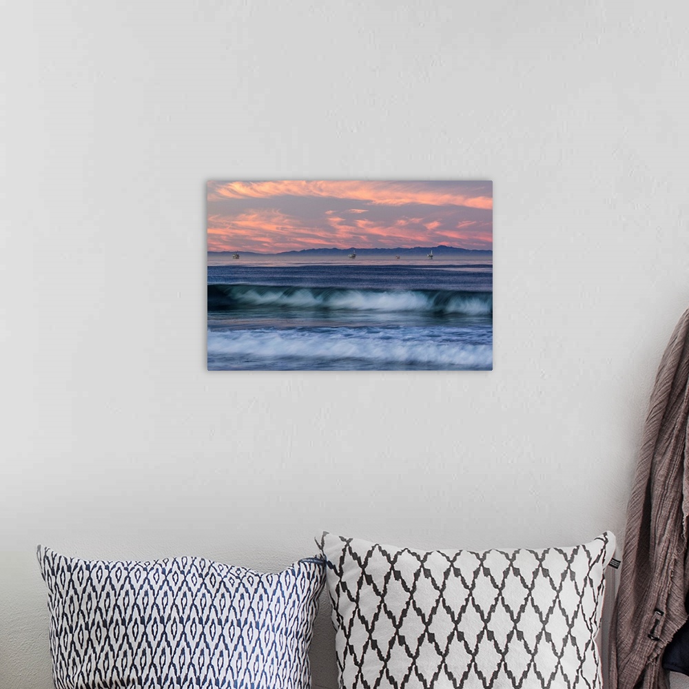 A bohemian room featuring Oil rigs and waves in the Pacific Ocean, Channel Islands of California, Carpinteria, Santa Barbar...