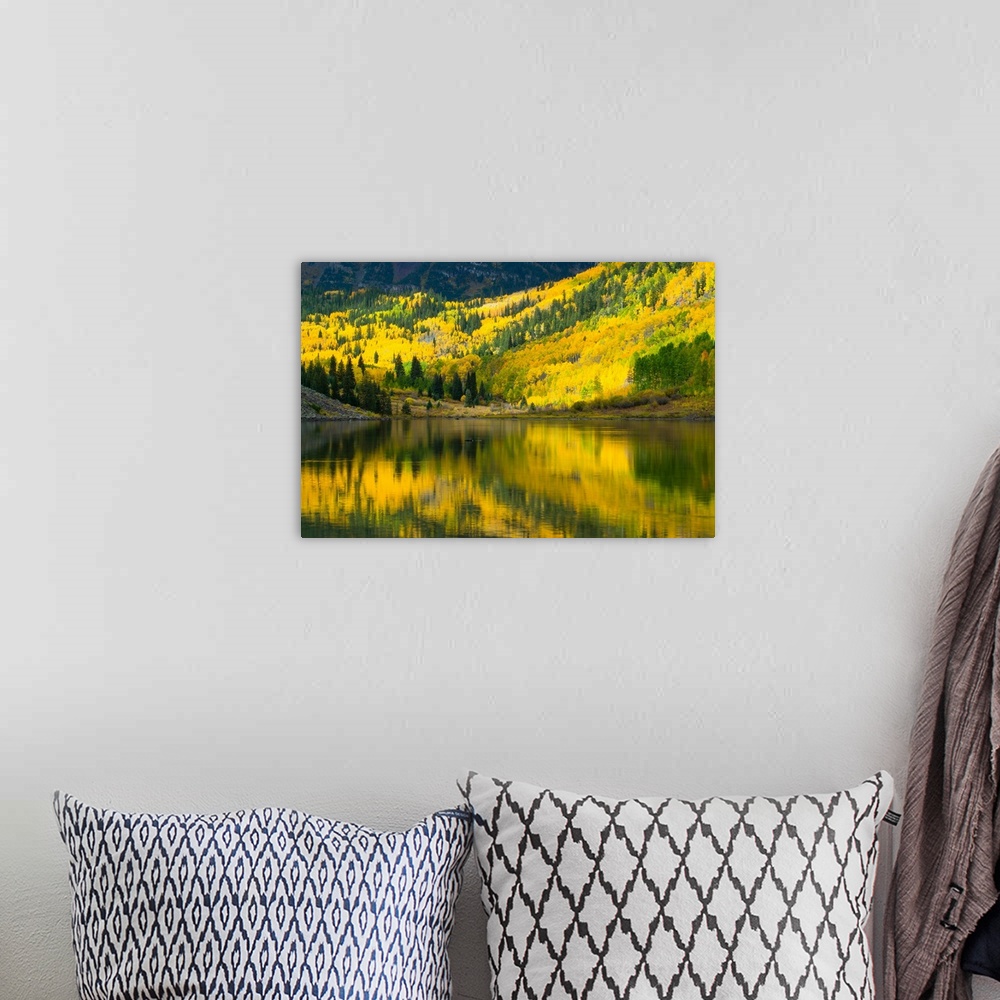A bohemian room featuring Reflection of trees on water, Maroon Lake, Maroon Bells, Maroon Creek Valley, Aspen, Pitkin Count...