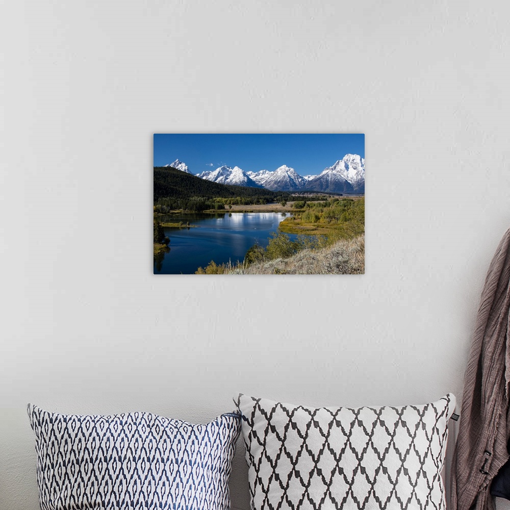 A bohemian room featuring River with mountain range in the background, Teton Range, Grand Teton National Park, Wyoming, USA