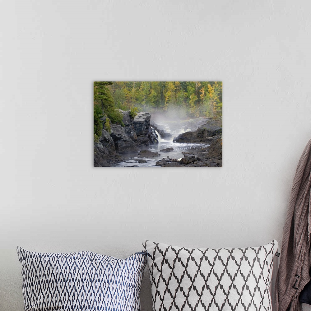 A bohemian room featuring Rocky shores of Saint Louis River, mist, Jay Cooke State Park, Minnesota