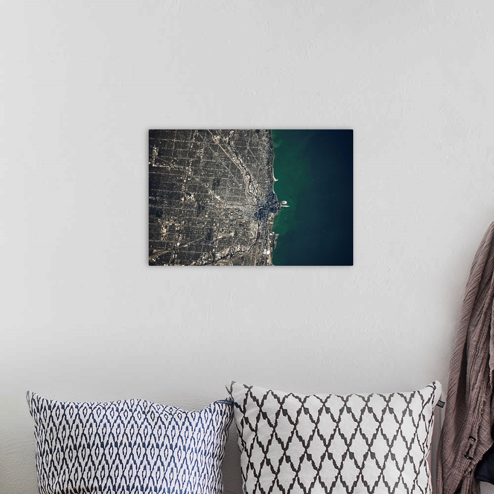 A bohemian room featuring Satellite view of Chicago and Lake Michigan, Illinois, USA
