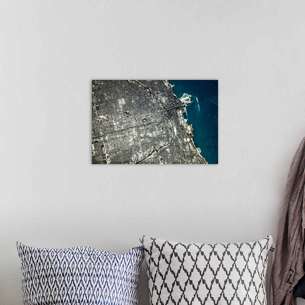 A bohemian room featuring Satellite view of Chicago city at the coast of Lake Michigan, USA