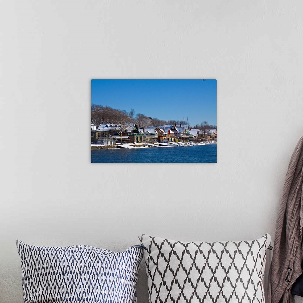 A bohemian room featuring SCHUYLKILL RIVER BOATHOUSE ROW IN WINTER SNOW BRIGHT BLUE CLOUDLESS SKY PHILADELPHIA PENNSYLVANIA...