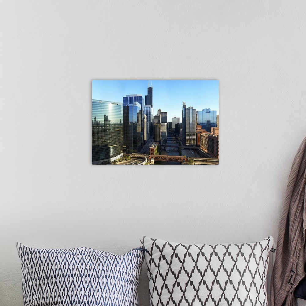 A bohemian room featuring Skyscrapers in a city, Willis Tower, Chicago River, Chicago, Illinois