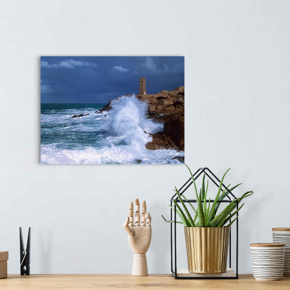 A bohemian room featuring Waves breaking on coast, Ploumanac'h Lighthouse, Pink Granite Coast, Cotes-d'Armor, Brittany, France