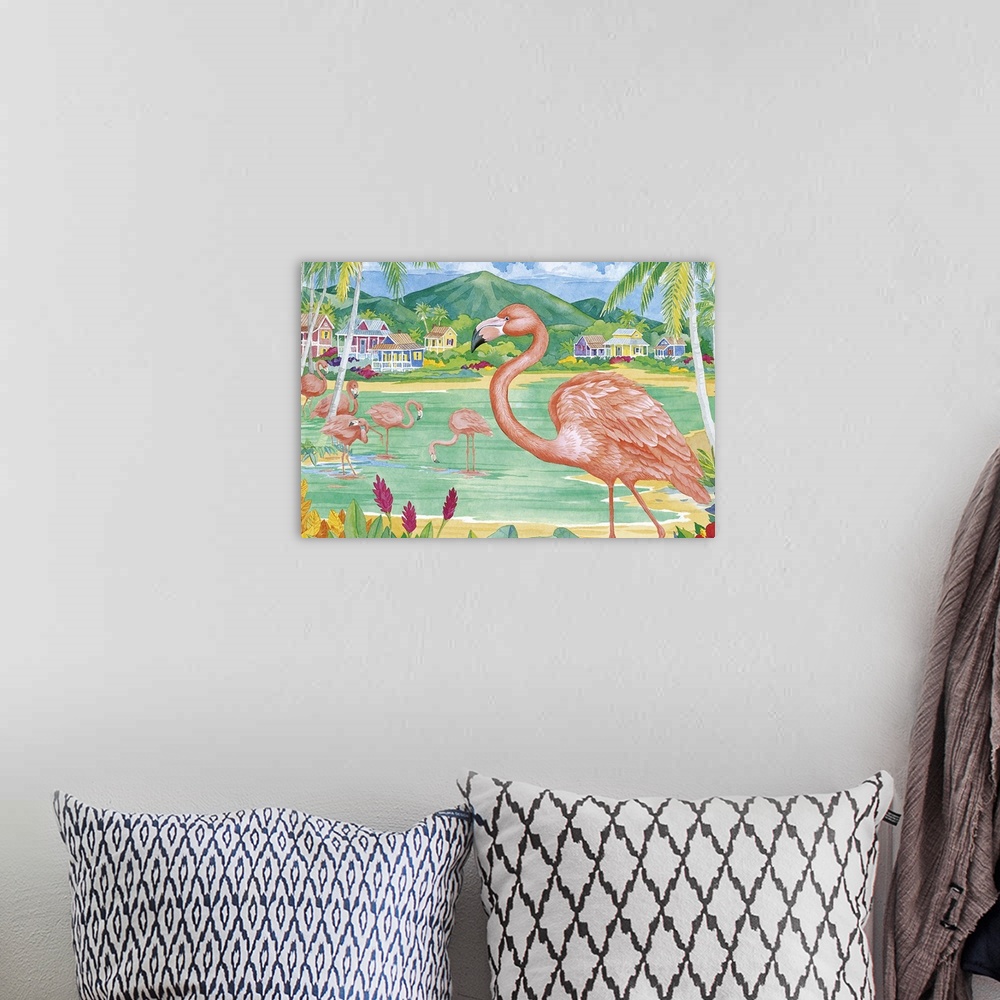A bohemian room featuring Watercolor painting of a pink flamingo on a tropical beach with palm trees and turquoise water.