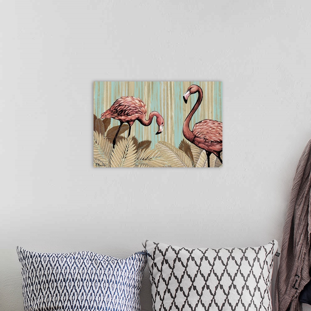 A bohemian room featuring Vintage-style artwork of two pink flamingos standing among ferns with a patterned background.