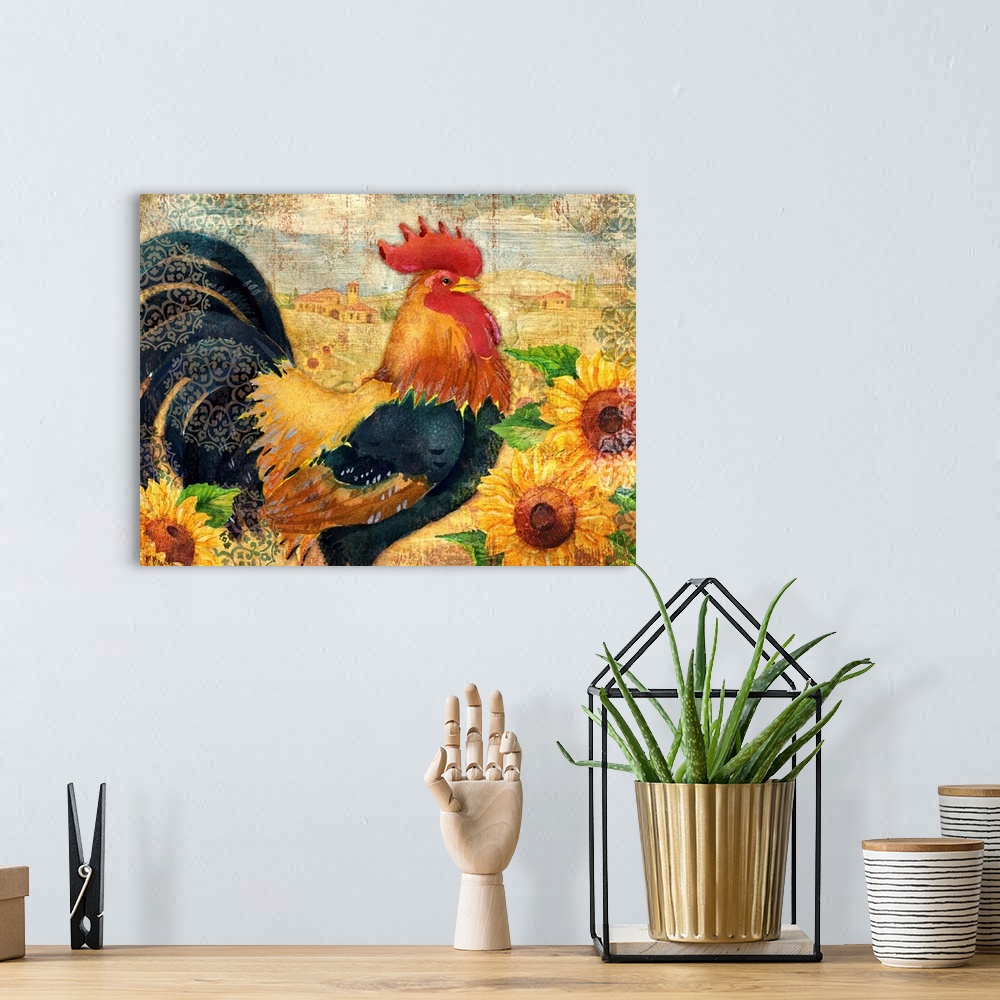 A bohemian room featuring Painting of a rooster in a field of sunflowers with textured edges.