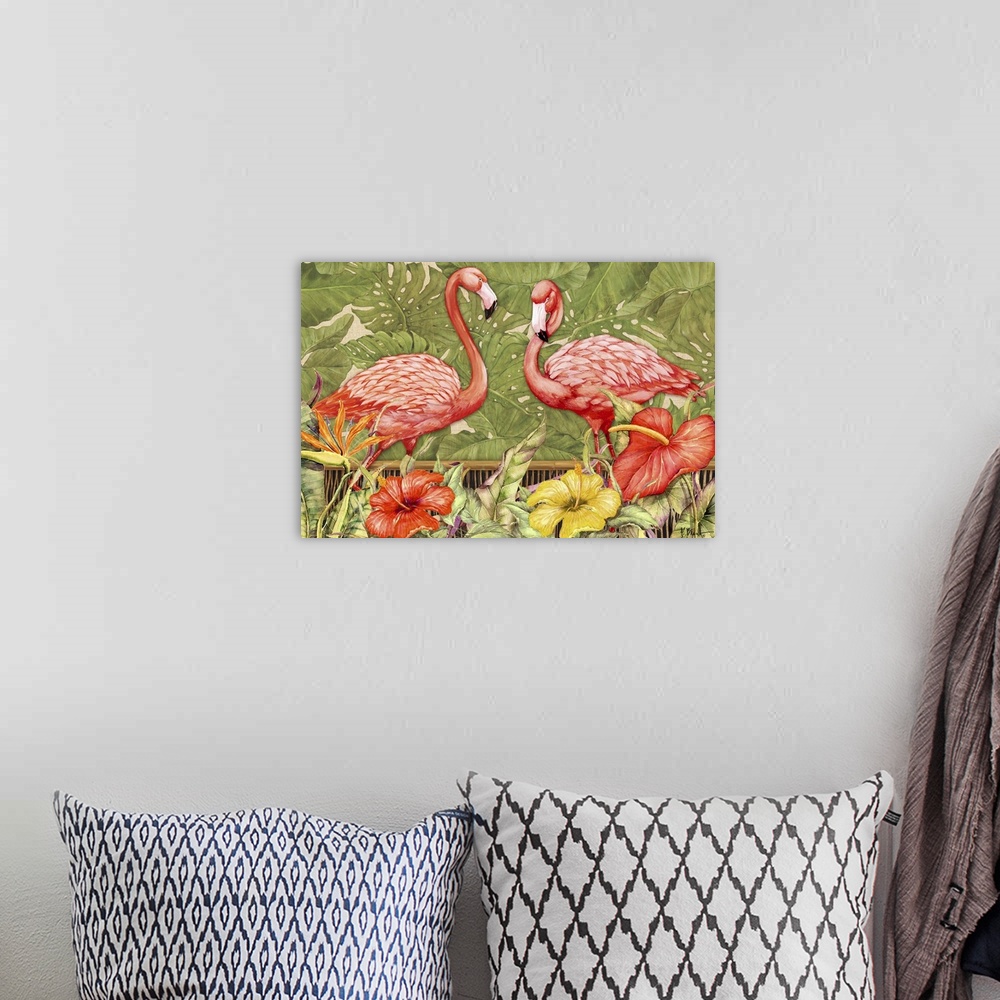 A bohemian room featuring Painting of two American flamingos with tropical flowers in the foreground.
