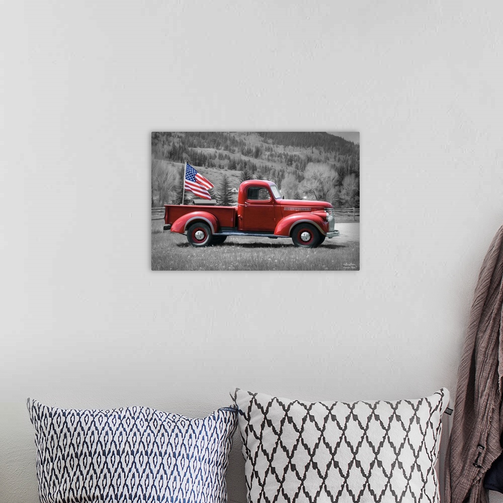 A bohemian room featuring Photograph of a red vintage truck with an American Flag waving in the back.
