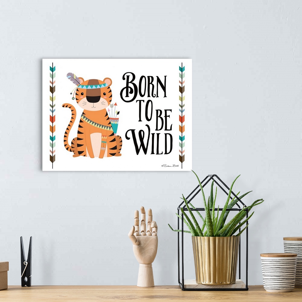 A bohemian room featuring Cute children's art of a tribal tiger carrying a quiver of arrows, framed by an arrow motif on wh...