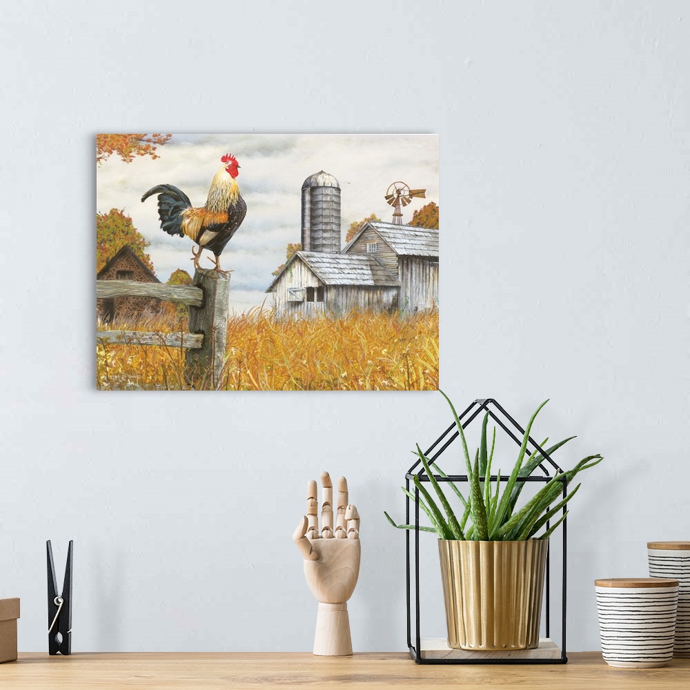 A bohemian room featuring Contemporary artwork of a countryside landscape.