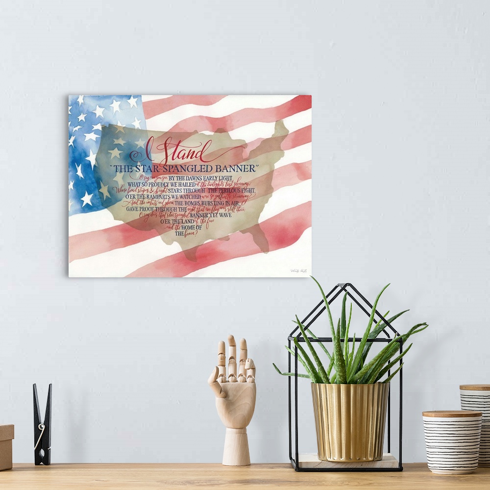 A bohemian room featuring Patriotic decorative artwork featuring the star spangled banner.