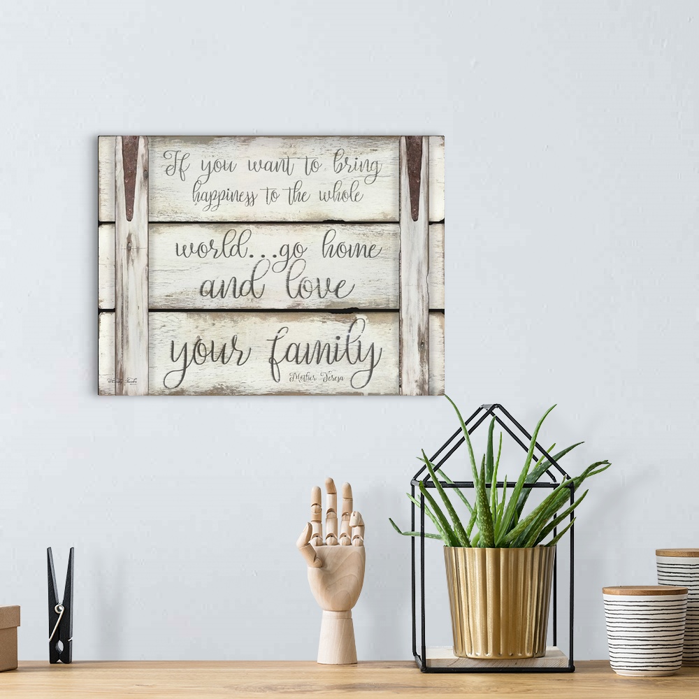 A bohemian room featuring Digital artwork of distressed wood panels featuring the words: If you want to bring happiness to ...