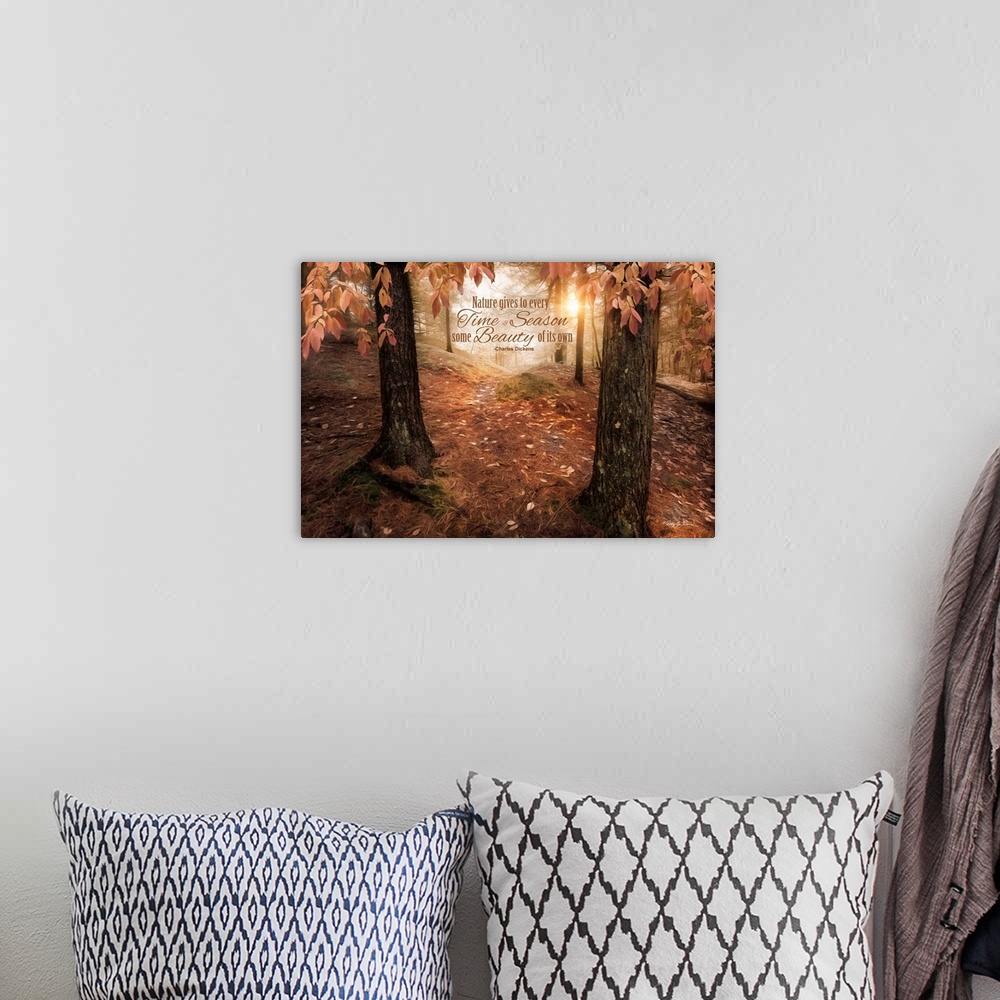 A bohemian room featuring Inspirational sentiment about nature's beauty over an image of an autumn forest.