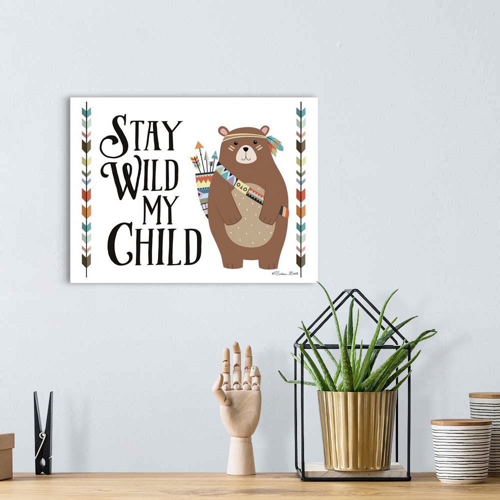 A bohemian room featuring Cute children's art of a tribal bear carrying a quiver of arrows, framed by an arrow motif on white.