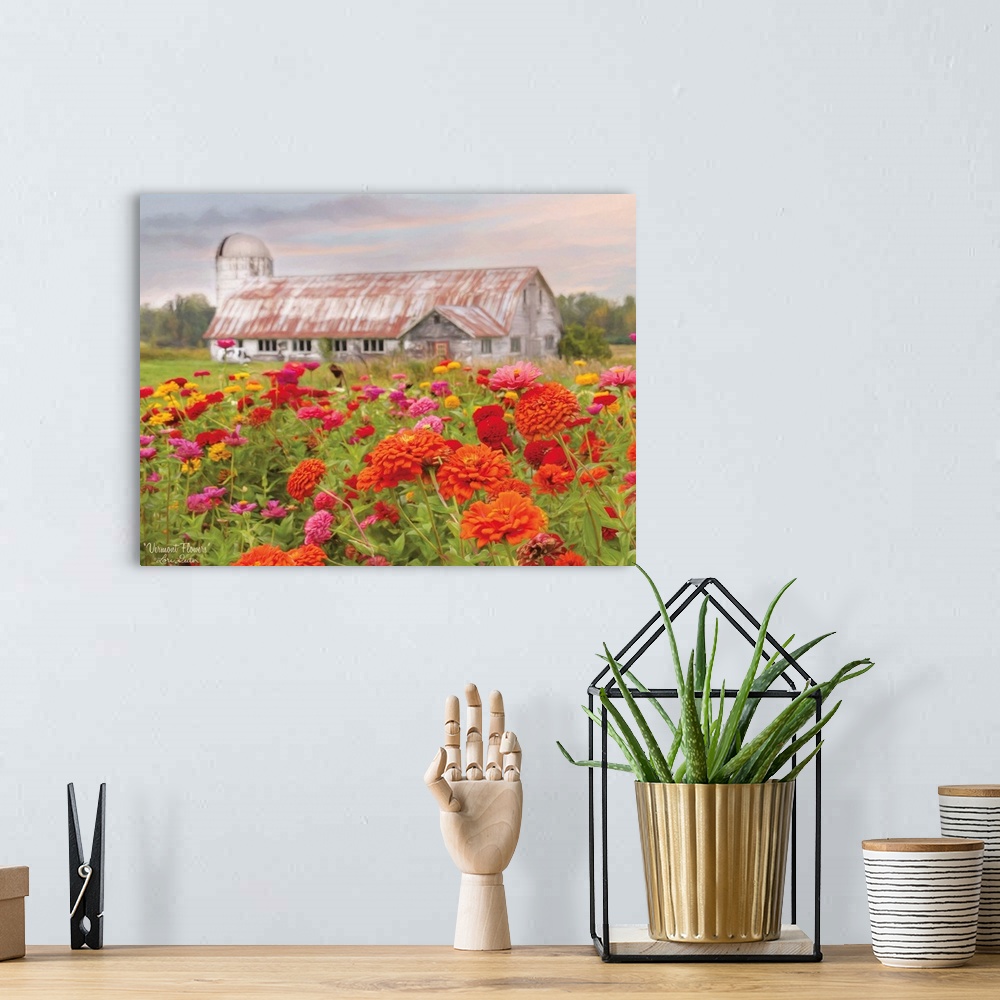 A bohemian room featuring Photograph of field of wildflowers with a rusty barn in the background with the title, Vermont Fl...