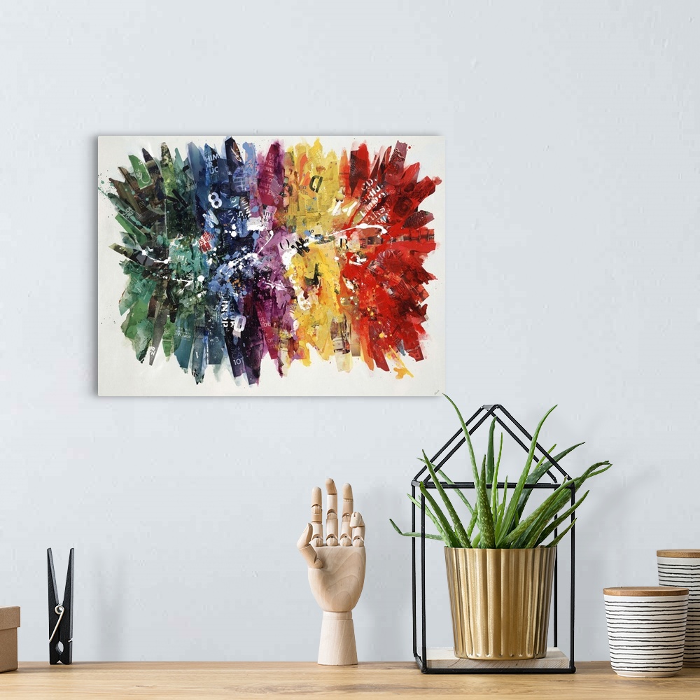 A bohemian room featuring Contemporary art of several starbursts in different colors, composed of print, strips of paper, a...