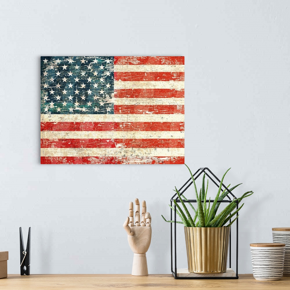 A bohemian room featuring Worn and distressed USA flag
