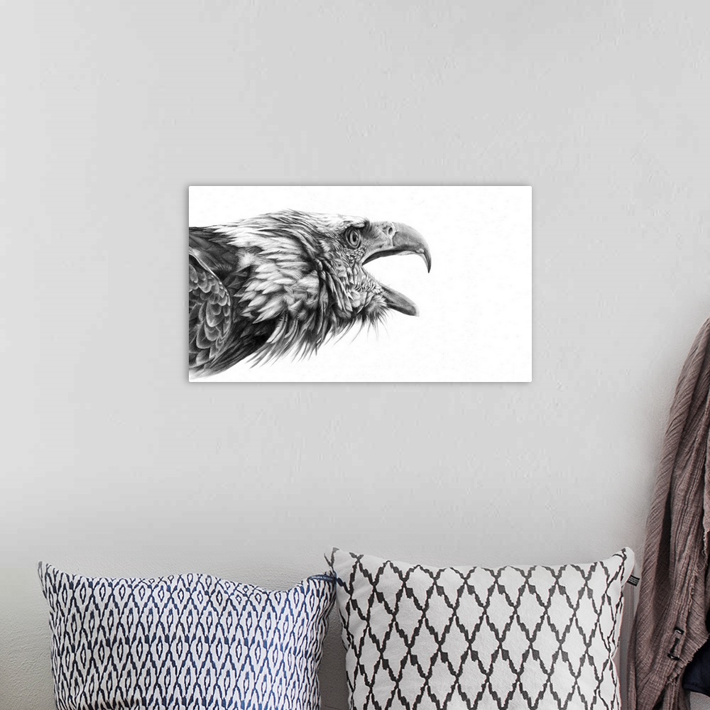A bohemian room featuring A pencil drawing portrait of a bald headed eagle