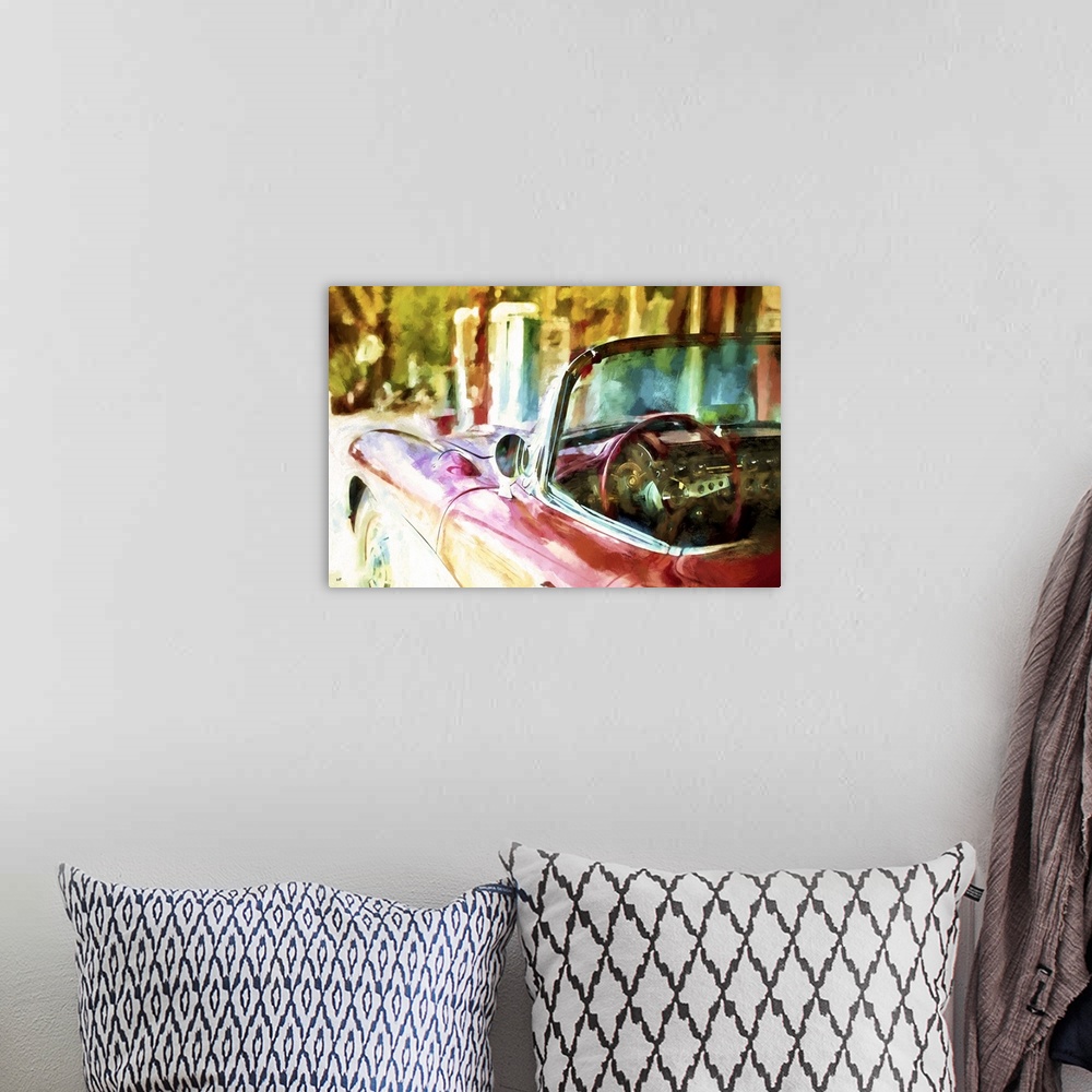 A bohemian room featuring A photograph of a classic car with a painterly effect.