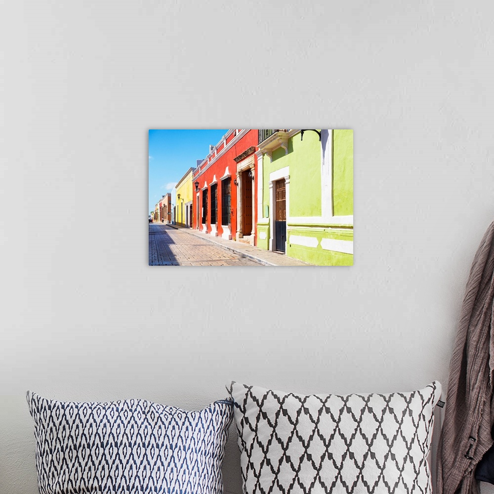 A bohemian room featuring Photograph of a colorful street view in Campeche, Mexico. From the Viva Mexico Collection.