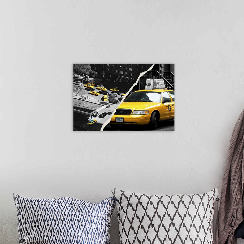A bohemian room featuring Two torn photographs of New York city landmark sites put together to make one image.
