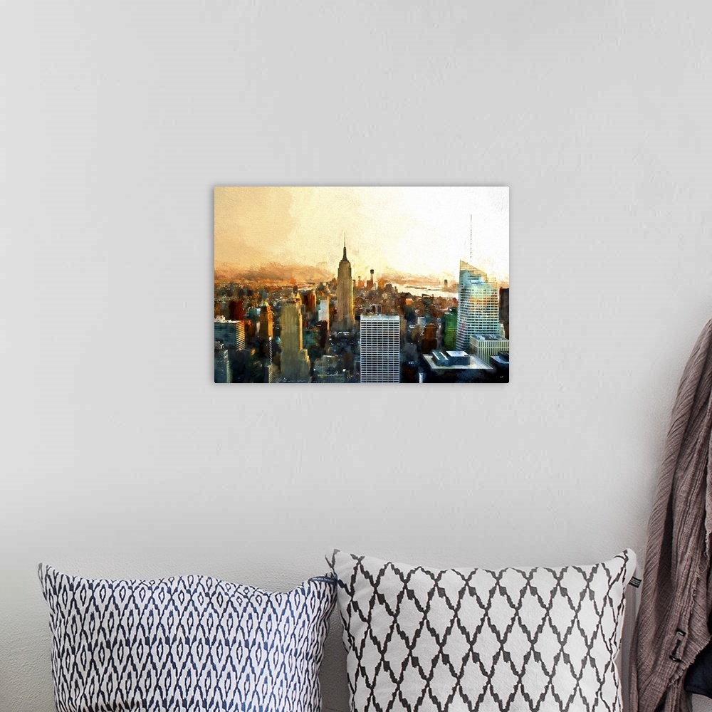 A bohemian room featuring Photograph with a painterly effect of the Empire State building, NYC.