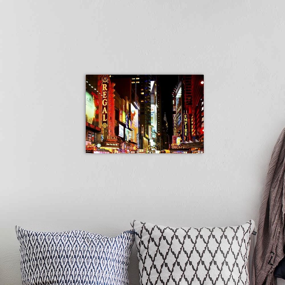 A bohemian room featuring Fine art photo of Times Square full of colorful neon signs.