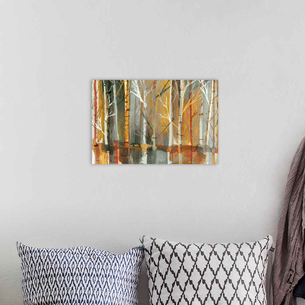 A bohemian room featuring Contemporary home decor artwork of a dense forest in rich warm tones.