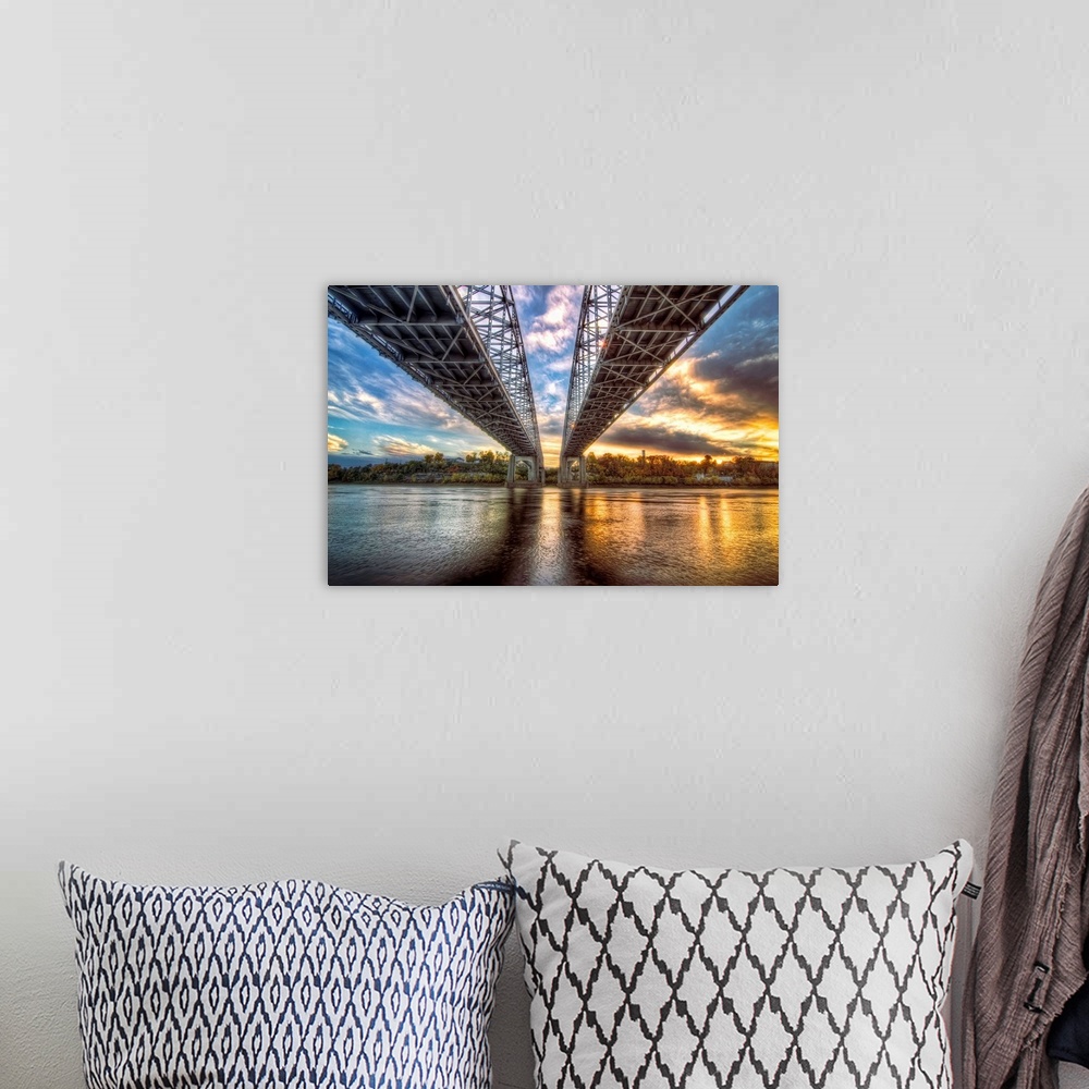 A bohemian room featuring Twin Bridges across the Missouri River in Jefferson City, Missouri.