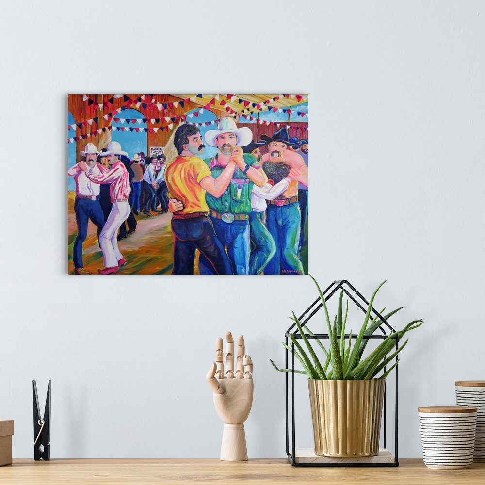 A bohemian room featuring Contemporary painting of men dancing in a barn together at the Gay Rodeo.