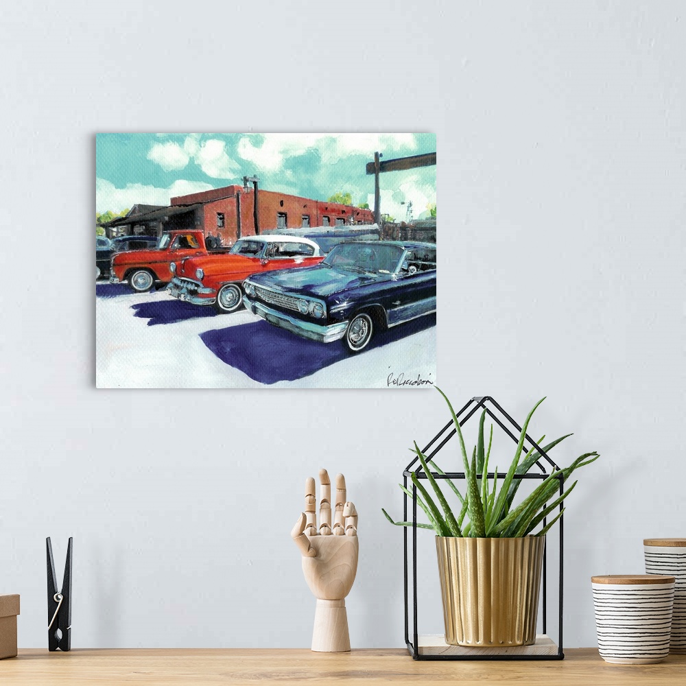 A bohemian room featuring Classic Cars on San Diego Avenue, painting by RD Riccoboni.