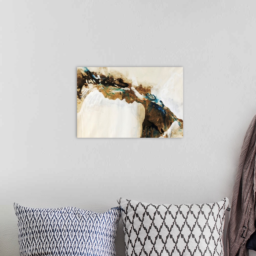 A bohemian room featuring Pastel earth-toned contemporary and abstract painting that portrays the cracks and creases in the...