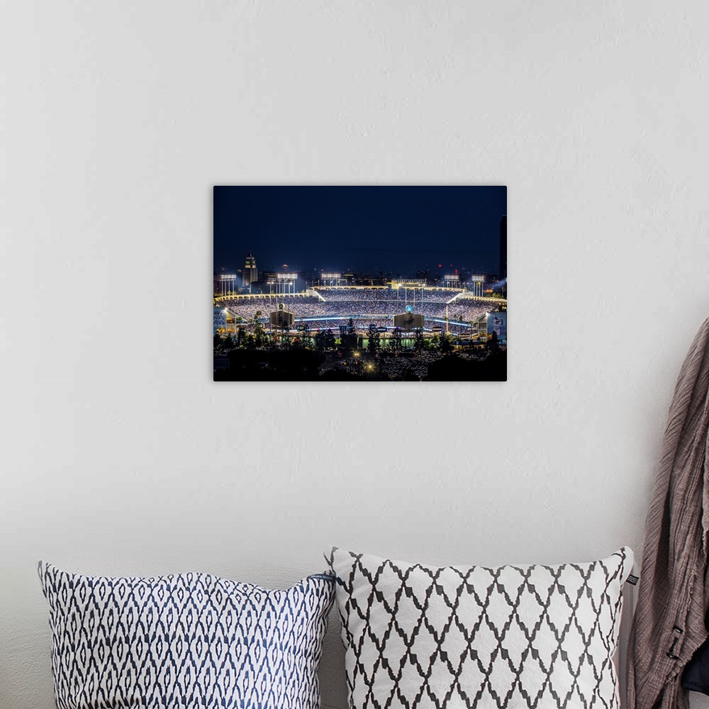 A bohemian room featuring Photograph of Dodger Stadium lit up on a game night.