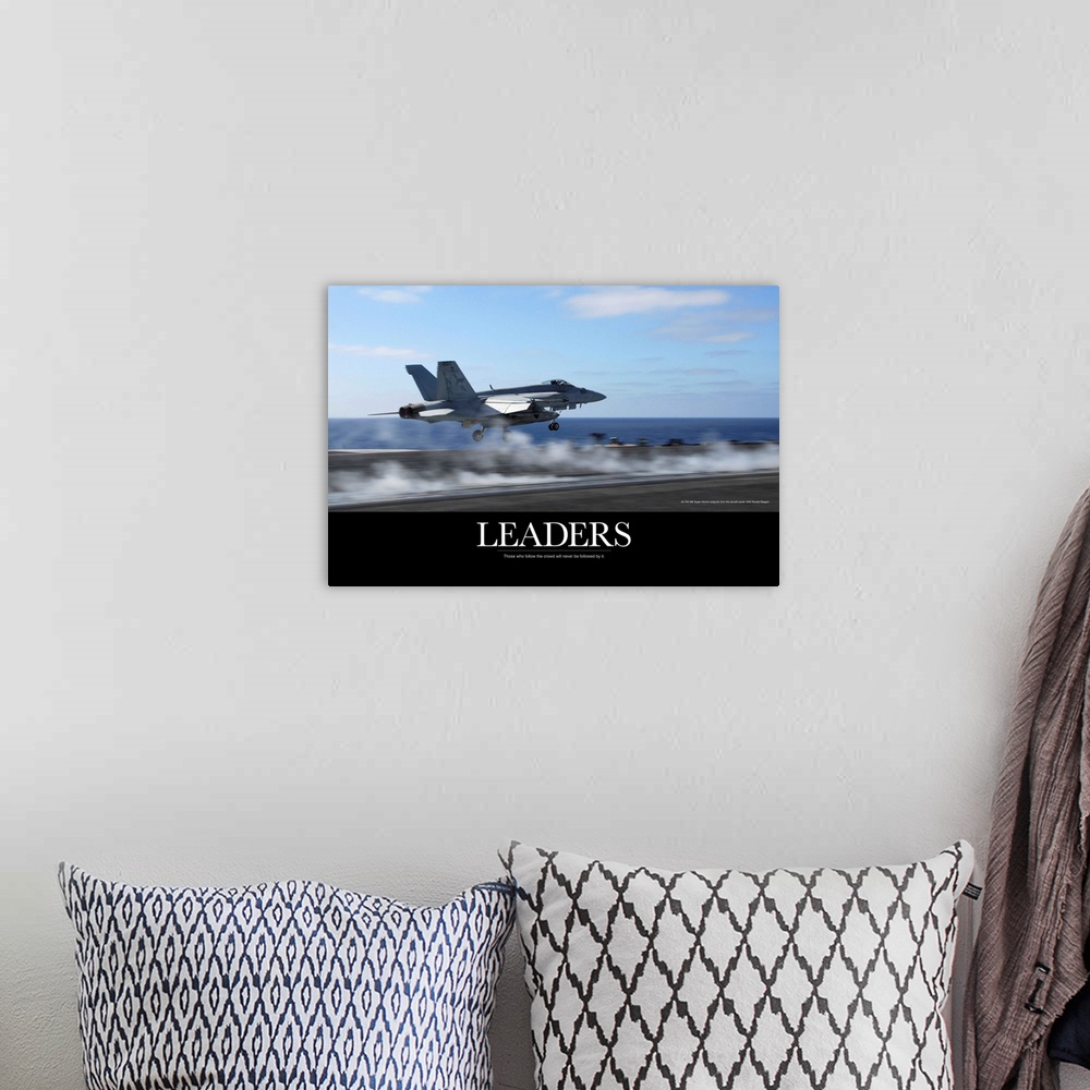 A bohemian room featuring Motivational Poster: An F/A-18E Super Hornet catapults from an aircraft carrier