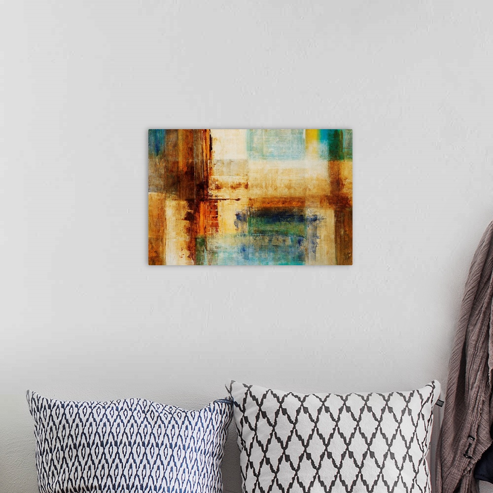 A bohemian room featuring Abstract artwork that consists of blocks of color in different sizes running both horizontally an...