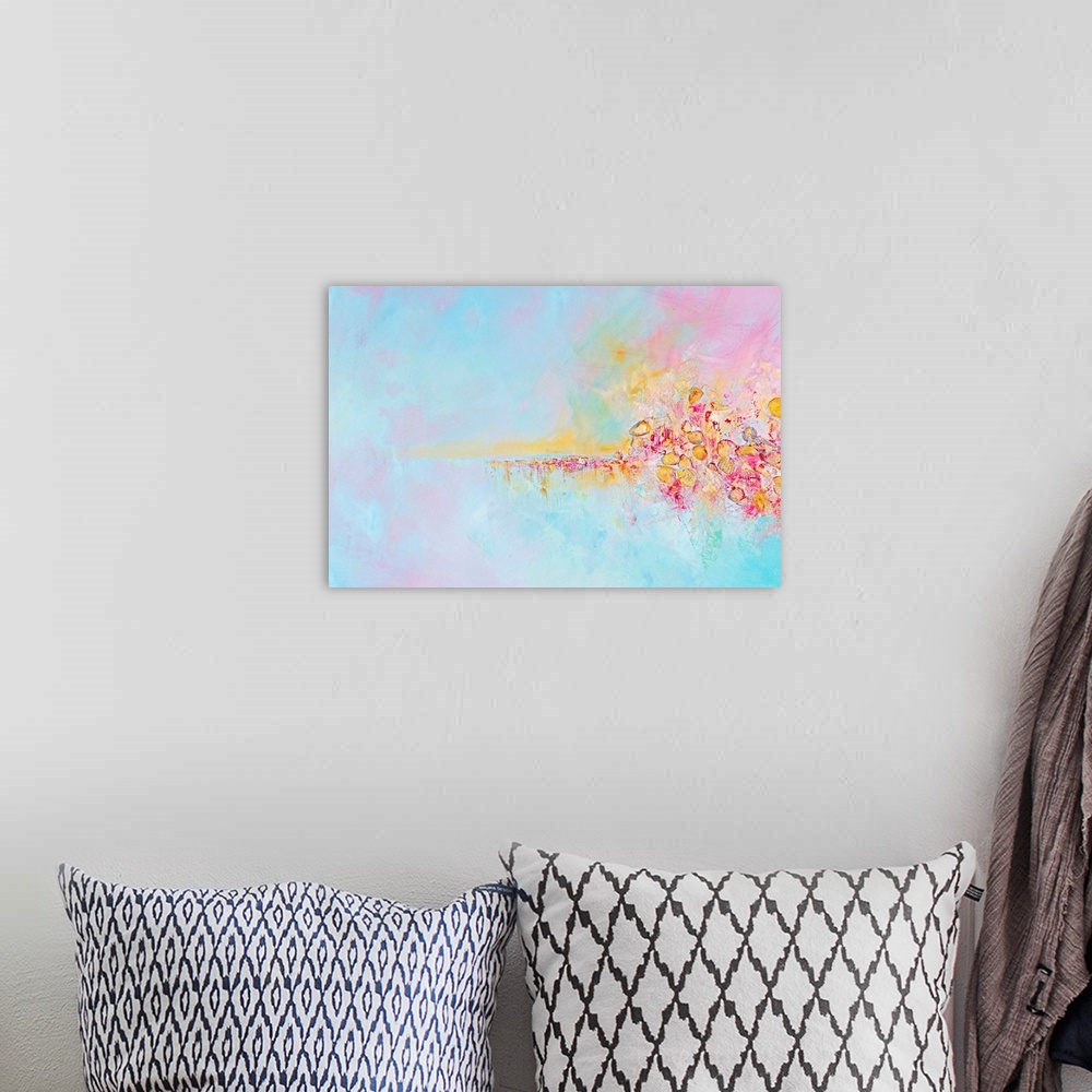 A bohemian room featuring Contemporary mixed media abstract painting in pastel shades of pink, yellow, and turquoise, embel...